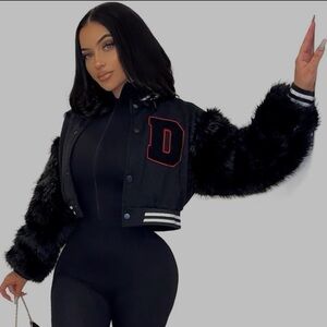 Faux Fur Sleeve Letterman Varsity Baseball Bomber Jacket Cropped Small Black